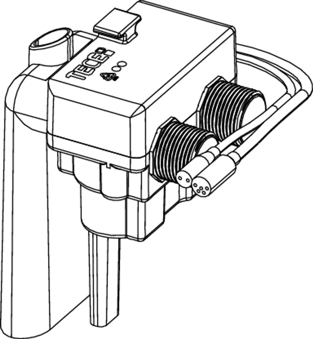 Hygienespüleinheit von TECE mit Anschlusskabeln und verbindenden Elementen, ausgestattet für die Installation in einem Sanitärsystem.